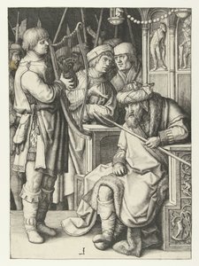 David, Saul için arp çalıyor by Lucas van Leyden