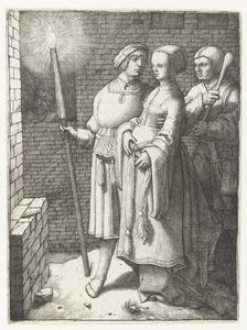 Elinde Meşaleli Genç Adam, Kadın ve Nar by Lucas van Leyden