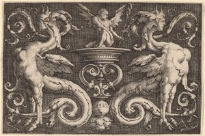 İki Sfenks ve Kanatlı Bir Adamla Süsleme by Lucas van Leyden