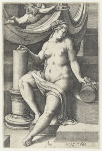 Acil şifalar dilerim Vortitudo (nesne üzerindeki başlık) Yedi Erdem (dizi başlığı) by Lucas van Leyden