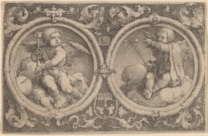 Bulutların üzerinde iki daire içinde oturan iki aşk tanrısı by Lucas van Leyden