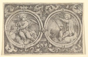 Bulutların İçinde Tendrils ile Dairelerde Oturan İki Putti, 1517. by Lucas van Leyden