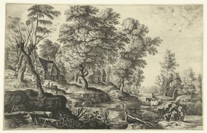 Bir arabayı iten adamlarla manzara by Lucas van Uden