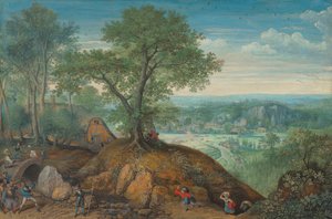 Yağmacı askerlerle geniş bir manzara by Lucas van Valckenborch