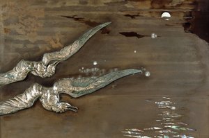 Gümüş martı uygulanmış metal lake panel, c.1900 (metal lake panel, gümüş) by Lucien Gaillard