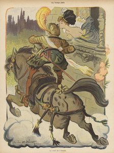 Süvari, yanından geçen bir bayandan öpücük almak için üzengilerinde ayağa kalkıyor by Lucien Metivet