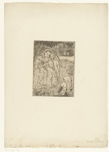Çayırda iki kız olan kadın by Lucien Pissarro