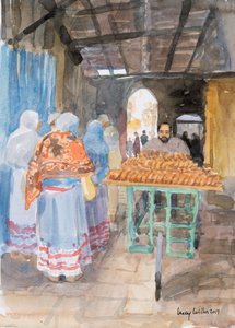 Eski Şehirde Simit Satıcısı, Kudüs, 2019 (kağıt üzerinde w/c) by Lucy Willis