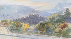 Hills Beyond the City, Sunrise, Jerusalem, 2019 (kağıt üzerinde w/c) by Lucy Willis