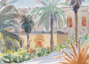 Benedictine Manastırı, Abu Ghosh, İsrail, 2019 (kağıt üzerinde w/c) by Lucy Willis