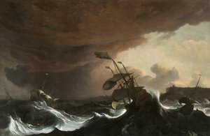 1700-1705 dolaylarında bir Sahil Açıklarında Fırtınalı Denizde Gemiler (tuval üzerine yağlı boya)
