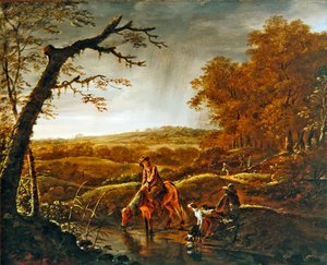 Bir dere kenarında at ve köpeklerle dinlenen avcılar, c.1650 (panelde yağlı boya)