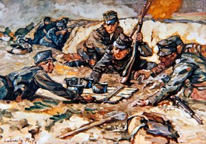 Rus topçularının ateşi altında Avusturya siperlerine erzak getirmek by Ludwig Putz