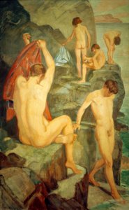 Siyah kayanın üzerinde yıkananlar by Ludwig von Hofmann
