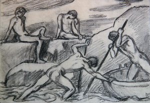 Yeşil bir sahilde çıplak kayıkçı ve gençler (kağıt üzerinde grafit) by Ludwig von Hofmann