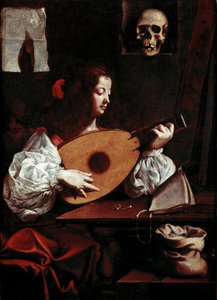 Ud oyuncusu Skorun yanına iki yüzük konur, bir sehpanın üzerine bir toplu iğne ve bir kafatası (vanitas) konur. Resim Luigi Miradori dit Il Genovesino (1600/10-1655/57) 17. yüzyıl Galleria di Palazzo Rosso Genes İtalya
