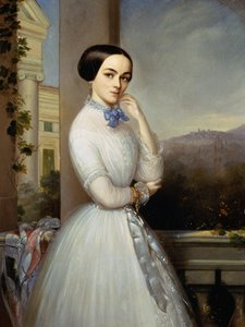 Balkonda beyaz elbiseli kadın portresi by Luigi Basiletti