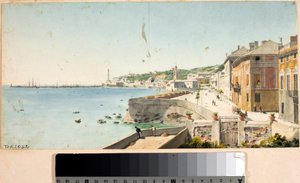 Lanterna, şehrin deniz feneri, burçlar ve San Teodoro kilisesi (Suluboya) ile Cenova limanının görünümü by Luigi Garibbo