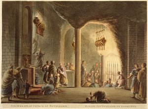 Yeraltı Bethlehem Kilisesi, 'Filistin Görünümleri'nden, Cilt II, R. Bowyer Tarihi Galerisi tarafından yayınlandı, Londra, 1803 (renkli aquatint) by Luigi Mayer