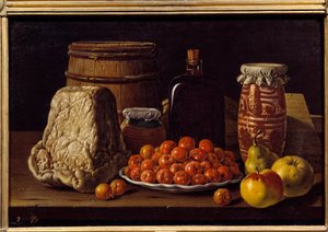 Peynir, meyve ve alıcı. Luis Melendez (1716 - 1780), İspanyol okulu tarafından yapılan boyama