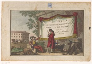Boğa güreşçileri ve boğa derisi ile başlık baskısı Coleccion de las Principales suertes de una corrida de toros (nesne üzerinde seri başlığı) En önemli boğa güreşi manevralarının toplanması (seri başlığı)