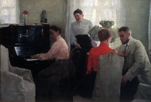 Talip (biri piyano çalan iki kadın refakatçinin gözetiminde kur yapan genç bir adam) (Damat) - Lukian Vasilyevich Popov (1873-1914), tuval üzerine yağlı boya (54x80 cm) by Lukjan Vasilievich Popov