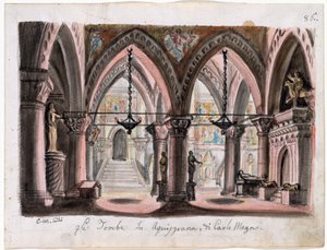 Le tombeau de Charlemagne ve Aix-la-Chapelle - Giuseppe Verdi tarafından Opera Ernani için set tasarımı - M. Conti (1810-1886). Kağıt üzerine suluboya Boyut : 22x29 cm The Morgan Library & Museum, New York by M. Conti