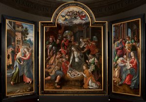 Magi'ye Tapınma, Üç Parça, Orta panel, detay, ahşap üzerine boyama by Maarten de Vos
