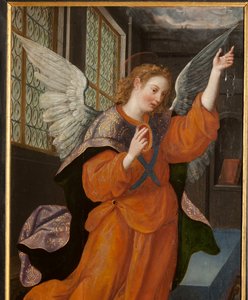 Magi hayranlığı, Üç Parça, Sol panel, arka kısım, detay, ahşap üzerine boyama by Maarten de Vos