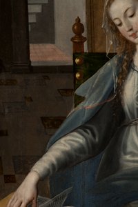 Magi hayranlığı, Üç Parça, Sağ panel arka kısım, detay, ahşap üzerine boyama by Maarten de Vos
