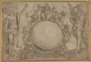 Apollo, Diana ve İnsan Yaşamının Döngüsel Değişimleri ile Zaman, c.1561 (kalem ve kahverengi mürekkep, grafit izleri üzerine gri yıkama, serilmiş kağıt üzerine transfer için kazınmış)