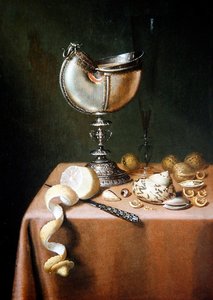 Nautilus Fincan, Soyulmuş Limon ve Cevizli Natürmort (panelde yağ)