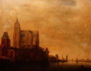 Ana Kule Manzaralı Groote Kerk, Yelkenli Teknelerle Nehir Manzarasında Emmerich by Maerten Fransz van der Hulst