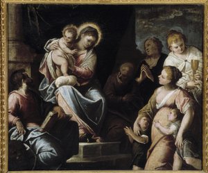 Bakire, Çocuğu teolojik erdemlerle çevrilidir İnanç, Esperance ve Hayırseverlik Alegorisi by Maffeo da Verona