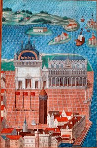 San Marco Meydanı'nın Venedik'teki Doge Sarayı ile görünümü”” Minyatür, Philip de Geldre'nin (1467-1547) Ustası Chantilly'nin ““ Şehrin hükümeti ve rejimi ve Venedik beyliği ile ilgili açıklama veya anlaşmalar”””dan alınmıştır. , Musee Cond by Maitre de Philippe de Gueldre