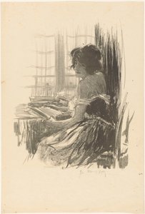 Pencerenin önünde bir masanın arkasında okuyan kadın by Manuel Robbe (signed by artist)