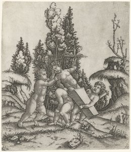 Amor ve iki putti veya çocuk, bir kaide üzerinde kanatlı bir çapa ile bir putti heykeli taşır. by Marcantonio Raimondi
