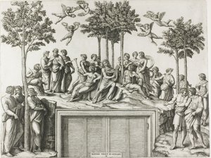 İlham Perileri ve Şairler ile çevrili Parnassus'taki Apollo by Marcantonio Raimondi