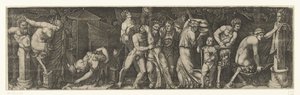 Sarhoş bir Bacchus ile Bacchanal ve Satyrs ve Maenads by Marcantonio Raimondi