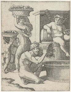 Bacchus, bir erkek ve bir kadın ve iki çocuğun şarap hazırlamak için üzüm sepetleri taşımasını izliyor. by Marcantonio Raimondi