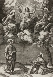 İsa, Bakire ve Vaftizci Yahya, Aziz Paul ve Catherine ile by Marcantonio Raimondi