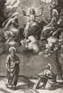 Mesih, Bakire ve Vaftizci Yahya, Aziz Paul ve Catherine ile birlikte, 1520-25 by Marcantonio Raimondi
