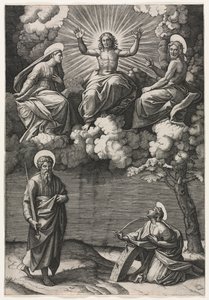 İsa, Bakire ve Vaftizci Yahya, Aziz Paul ve Catherine ile birlikte, c. 1520-1525. by Marcantonio Raimondi