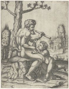 Flütlü Faun çocukla oynuyor by Marcantonio Raimondi