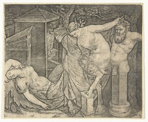 Satyr Kadın ve Herme ve Uyuyan Bacchante ile Bacchanal parçası by Marcantonio Raimondi