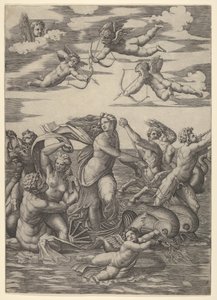 Galatea, iki yunus tarafından çekilen bir su arabasında duruyor, etrafı tritonlarla çevrili, nere..., 1515-16. by Marcantonio Raimondi