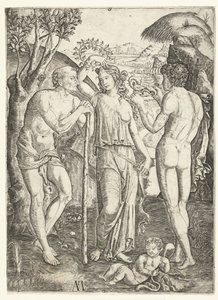 Sopaya yaslanmış yaşlı adam ile ejderha ve çocuklu genç adam arasında duran yaprak çelengi olan genç bir kadın. by Marcantonio Raimondi