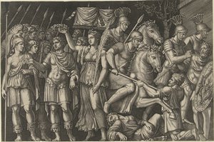 Victoria tarafından taçlandırılmış İmparator Trajan, Daçyalılarla savaşta Roma ve Romalıların kadın kişileşmesinin yanında duruyor by Marcantonio Raimondi