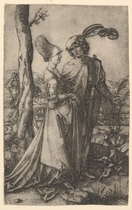 Lord ve leydi, bir ağacın arkasına saklanmış, bir saat tutan ölüm figürüyle yürüyor..., ca. 1500-1534. by Marcantonio Raimondi