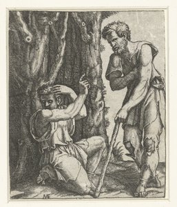 Adam diz çöküp orman kenarında dilenciden uzaklaşıyor. by Marcantonio Raimondi